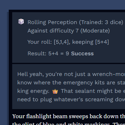 Skill check and dice roll interface